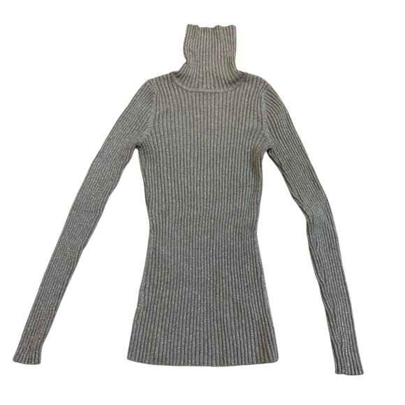 Express Silver Metallic Ribbed Turtleneck Sweater M Sparkle Holiday Knit - Picture 1 of 6